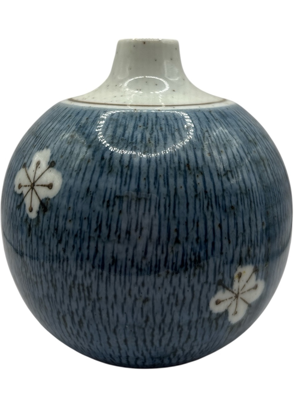 Blue Asian Cherry Blossom Brown Speckled Round 4" Bud Vase Otagiri - Picture 3 of 6